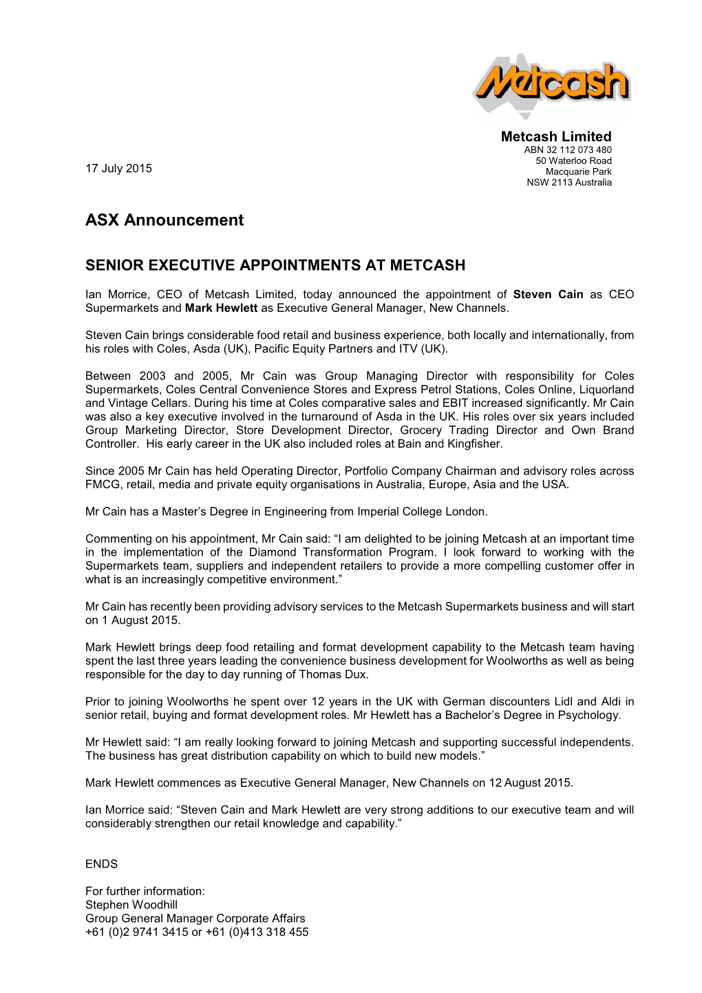 17 July 2015 Senior Executive Appointments at Metcash