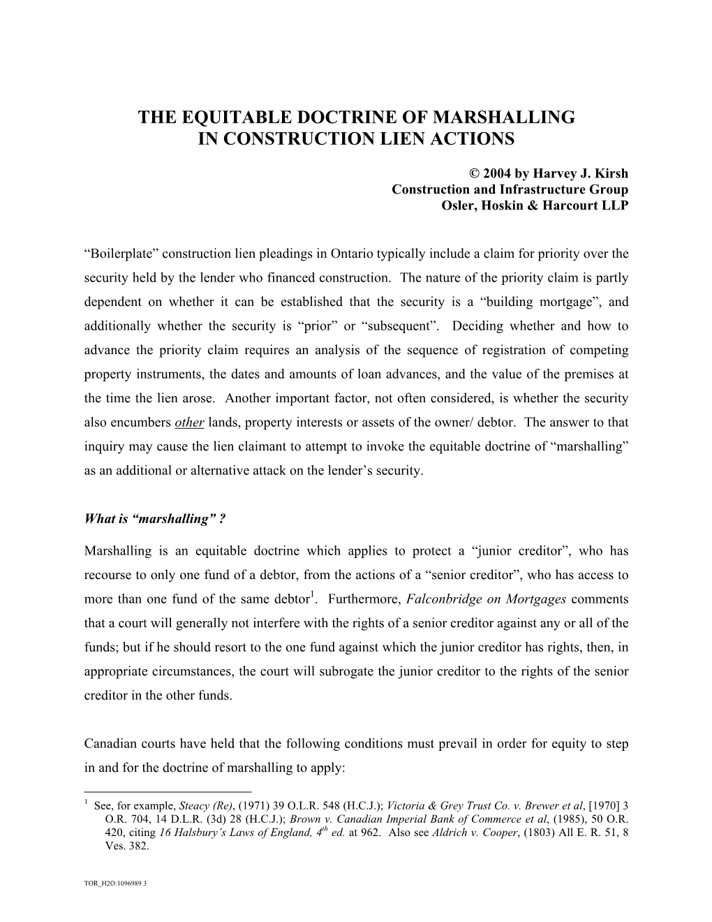 The Equitable Doctrine of Marshalling in Construction Lien Actions