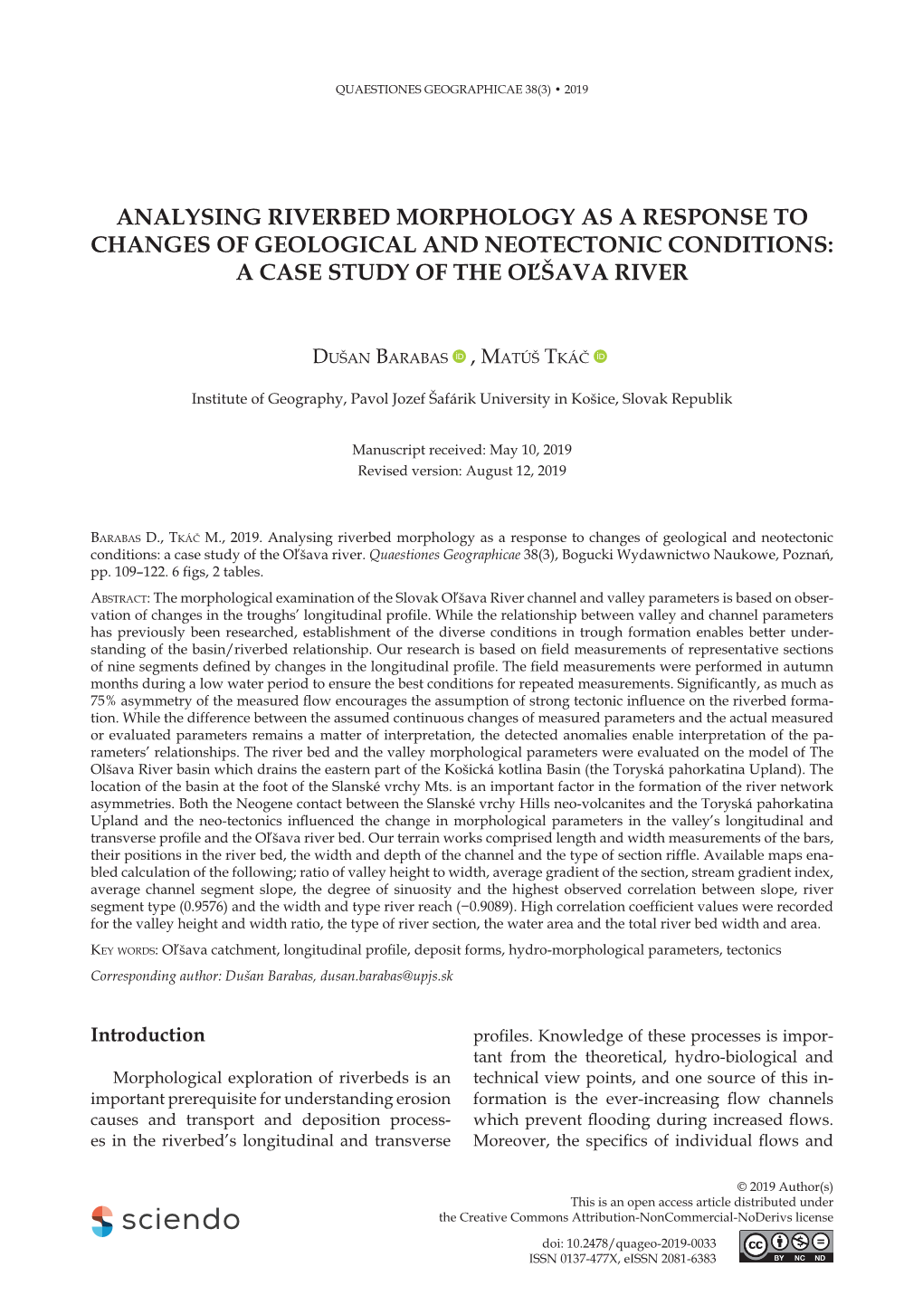 Analysing Riverbed Morphology As a Response to Changes of Geological and Neotectonic Conditions: a Case Study of the Oľšava River