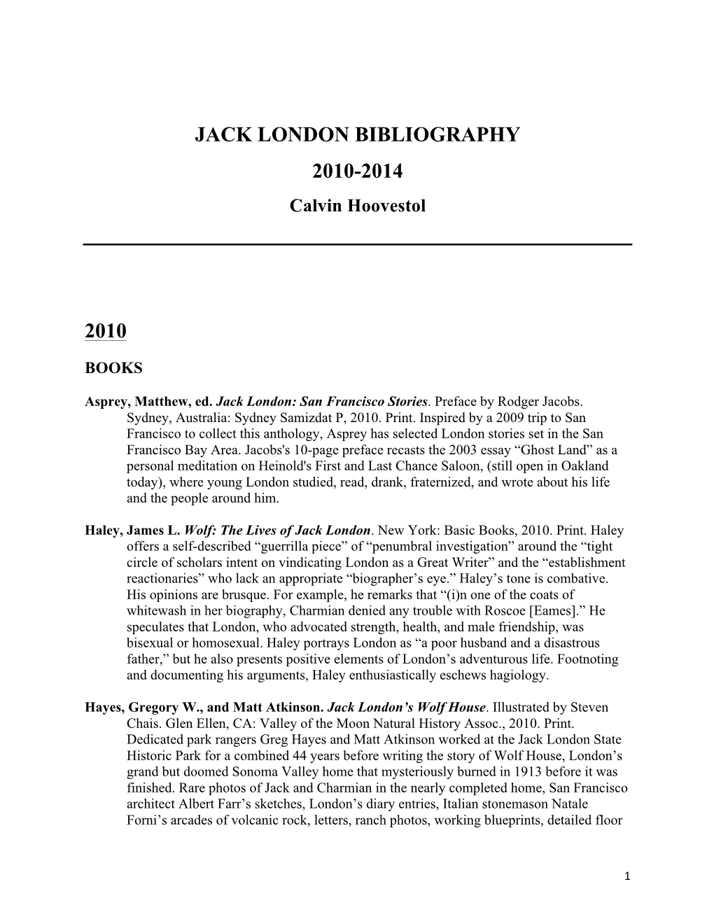 Jack London Bibliography 2010-2014 2010