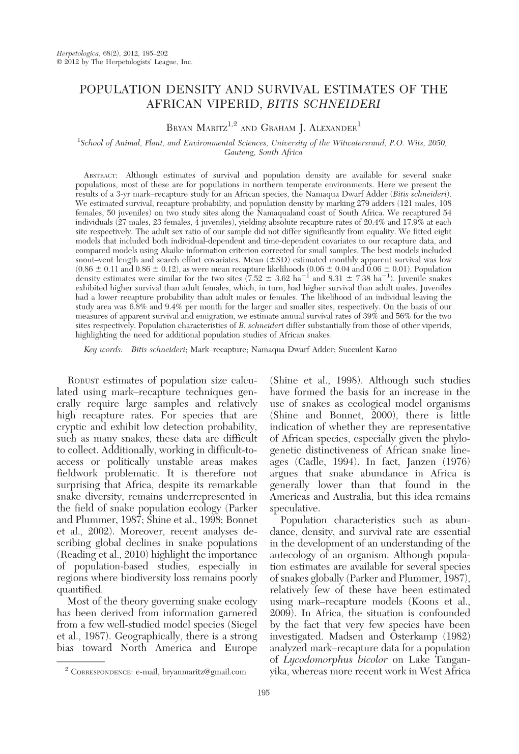 Population Density and Survival Estimates of the African Viperid, Bitis Schneideri