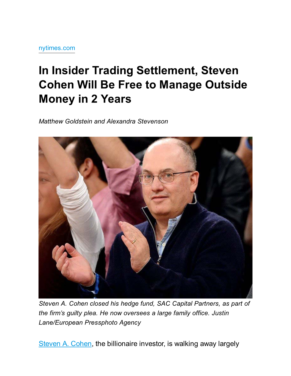 In Insider Trading Settlement, Steven Cohen Will Be Free to Manage