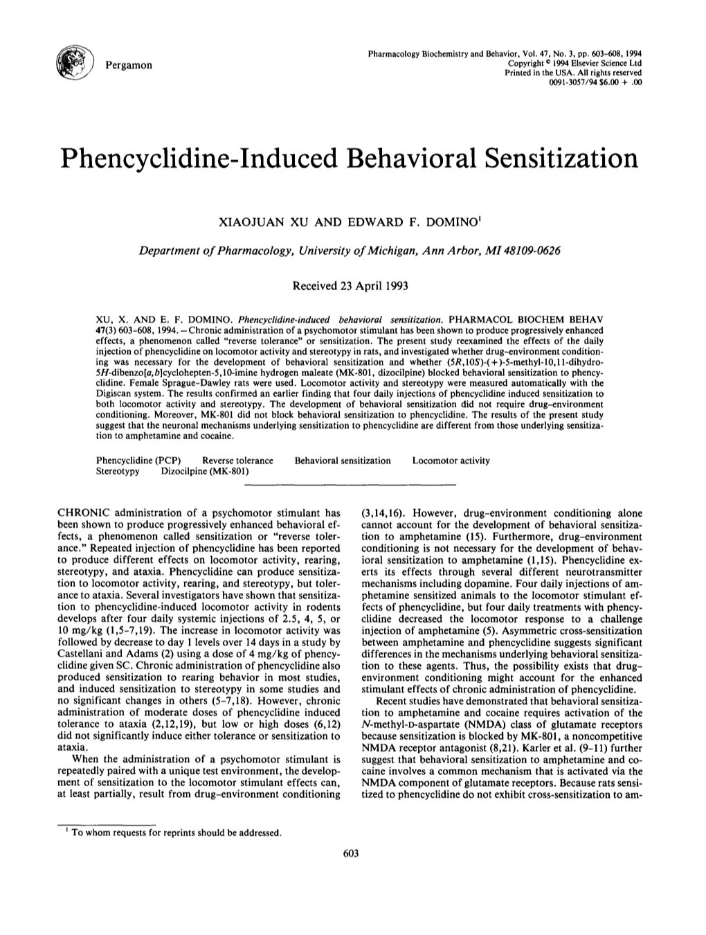 Phencyclidine-Induced Behavioral Sensitization