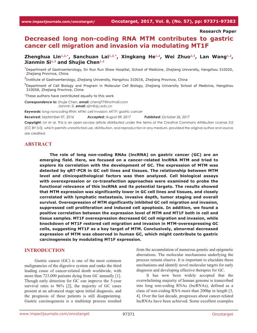 Decreased Long Non-Coding RNA MTM Contributes to Gastric Cancer Cell Migration and Invasion Via Modulating MT1F