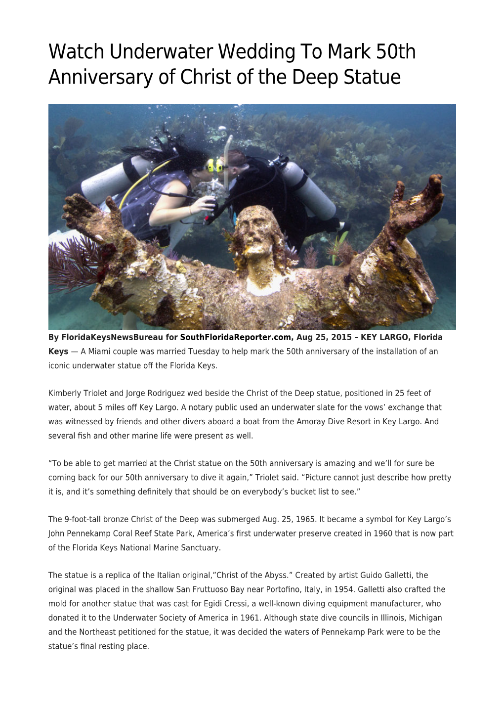 Watch Underwater Wedding to Mark 50Th Anniversary of Christ of the Deep Statue