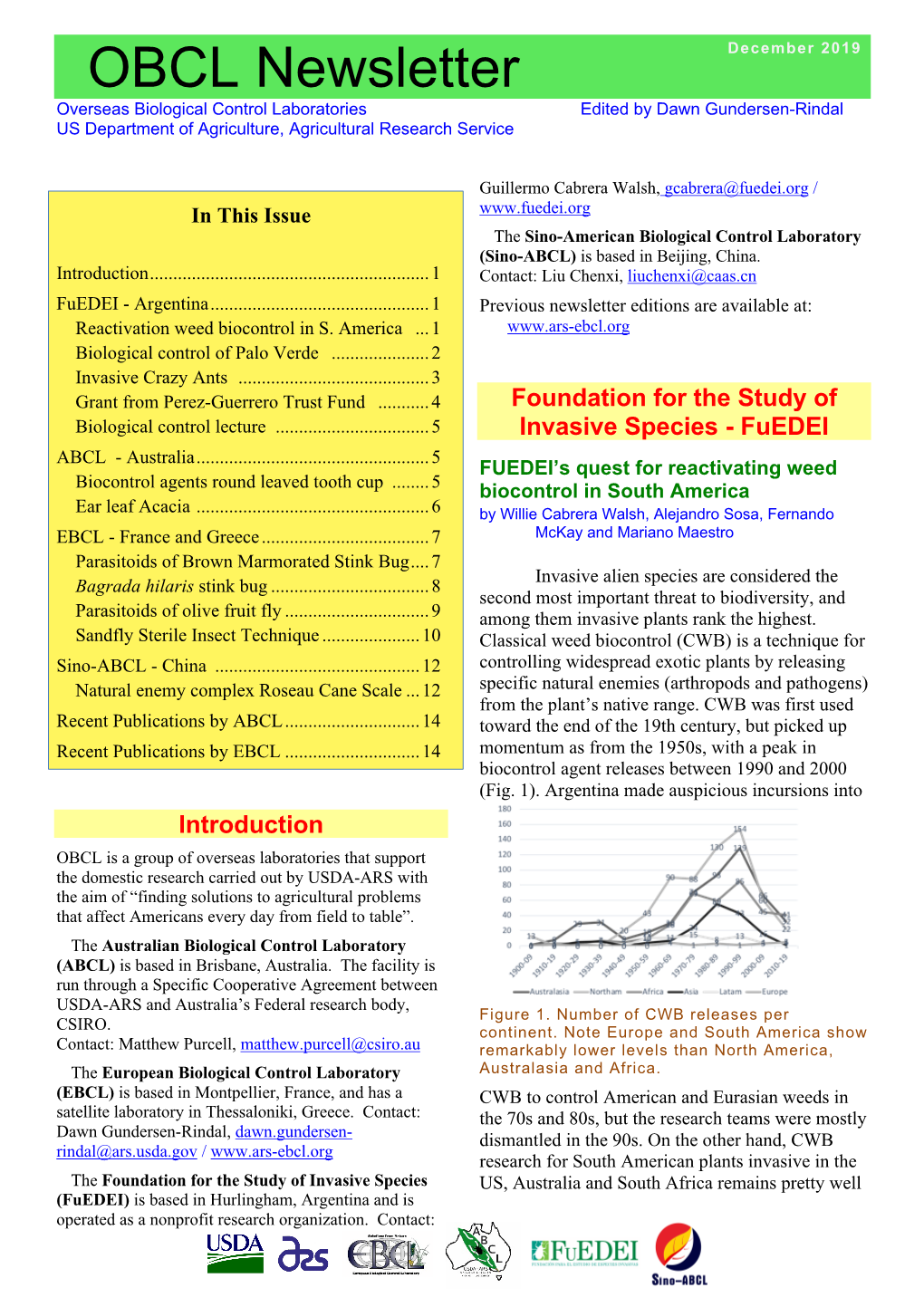 OBCL Newsletter Overseas Biological Control Laboratories Edited by Dawn Gundersen-Rindal US Department of Agriculture, Agricultural Research Service