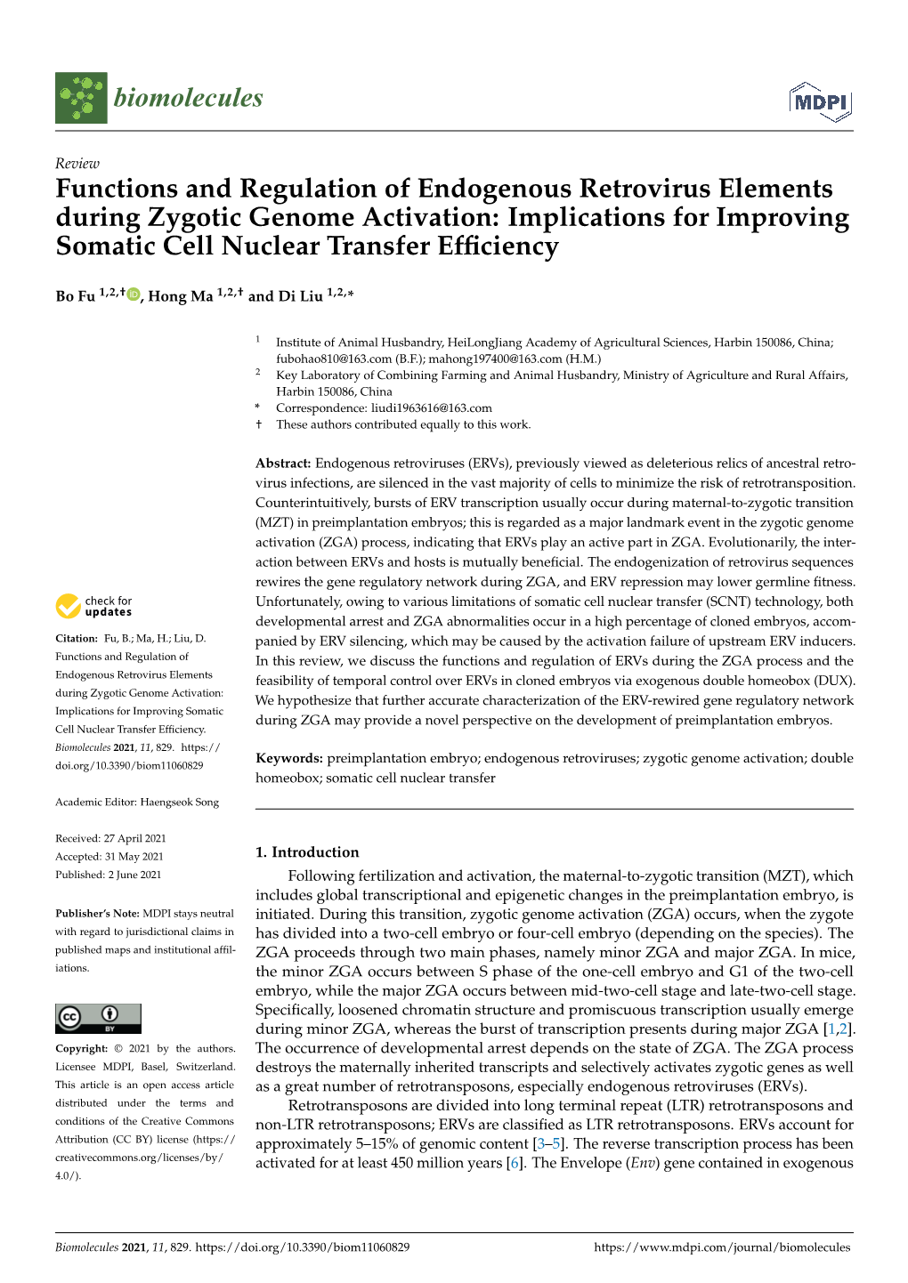 Functions and Regulation of Endogenous Retrovirus Elements During Zygotic Genome Activation: Implications for Improving Somatic Cell Nuclear Transfer Efﬁciency