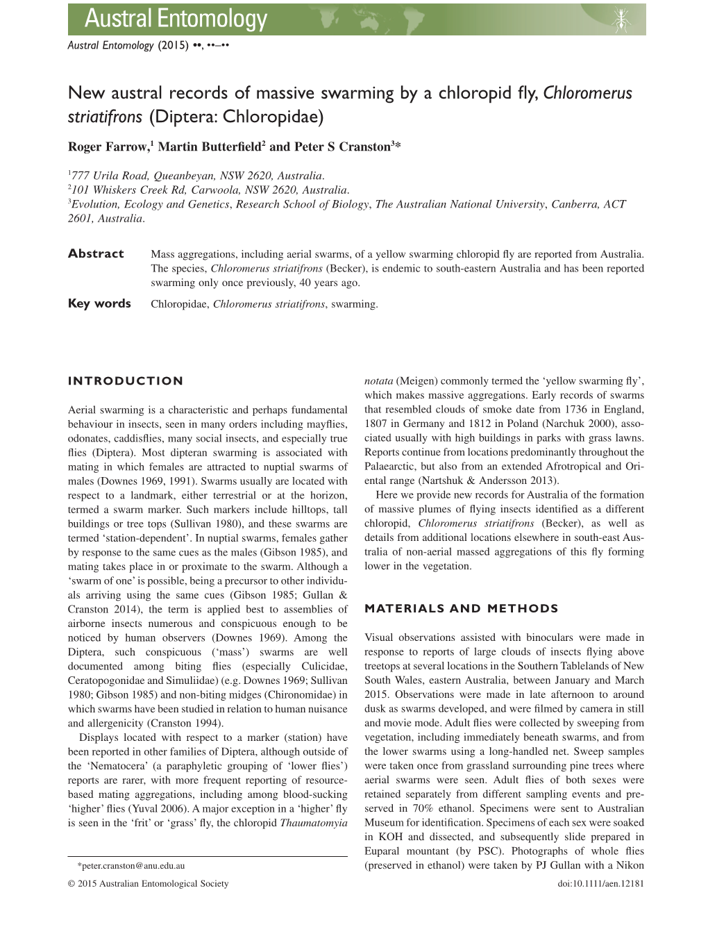 New Austral Records of Massive Swarming by a Chloropid Fly, Chloromerus Striatifrons