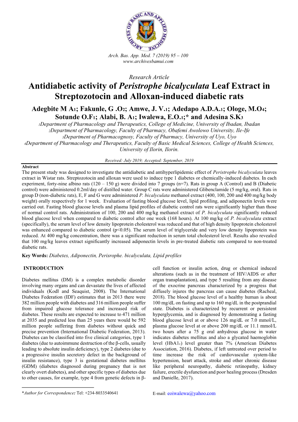 Antidiabetic Activity of Peristrophe Bicalyculata Leaf Extract in Streptozotocin and Alloxan-Induced Diabetic Rats