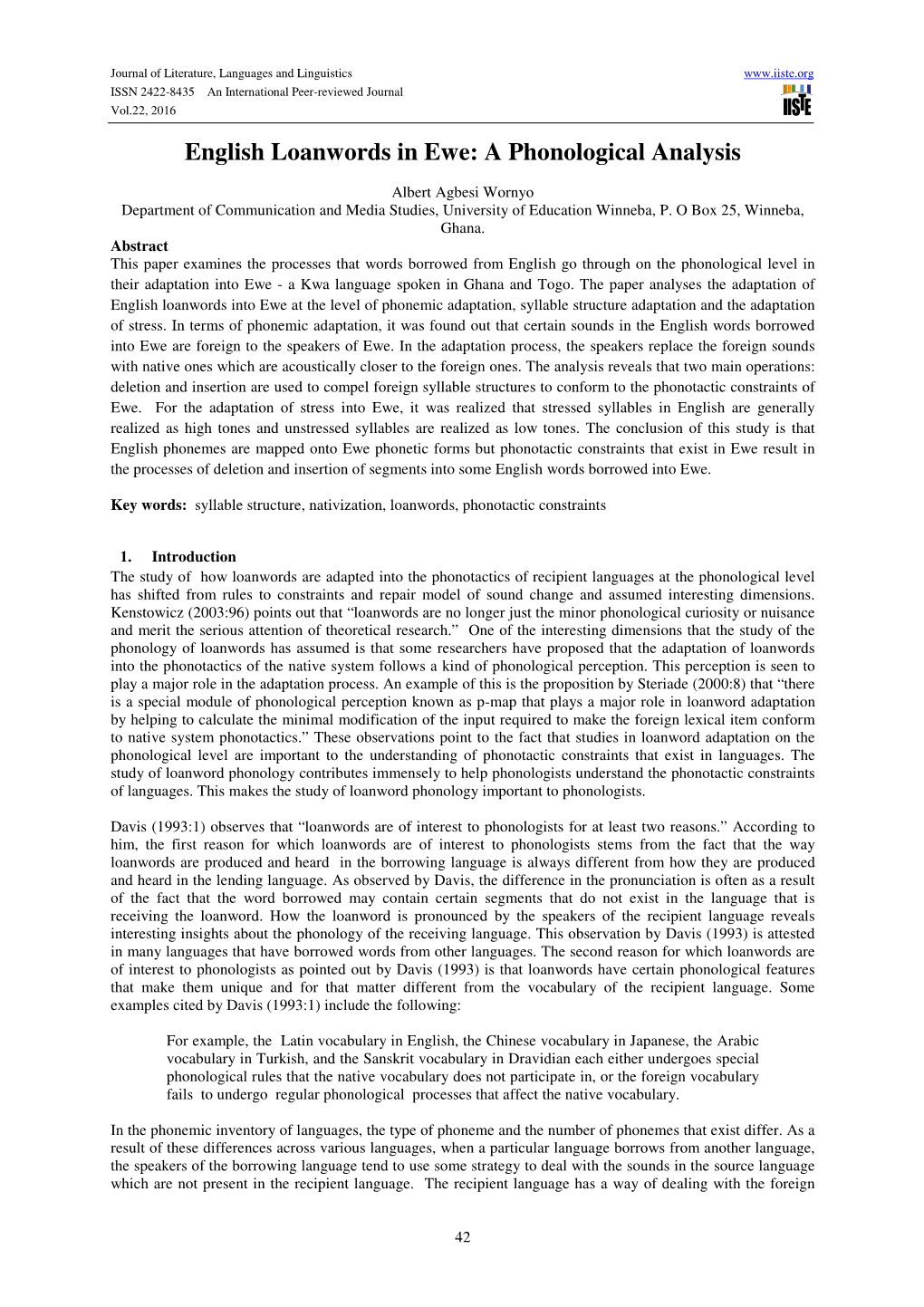 English Loanwords in Ewe: a Phonological Analysis