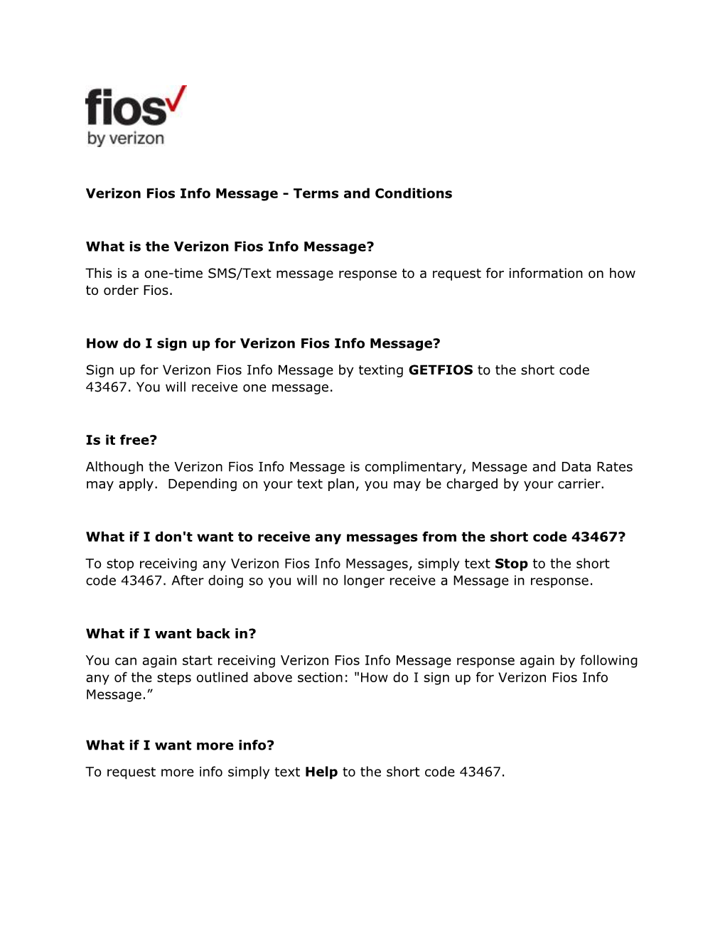 Verizon Fios Info Message - Terms and Conditions