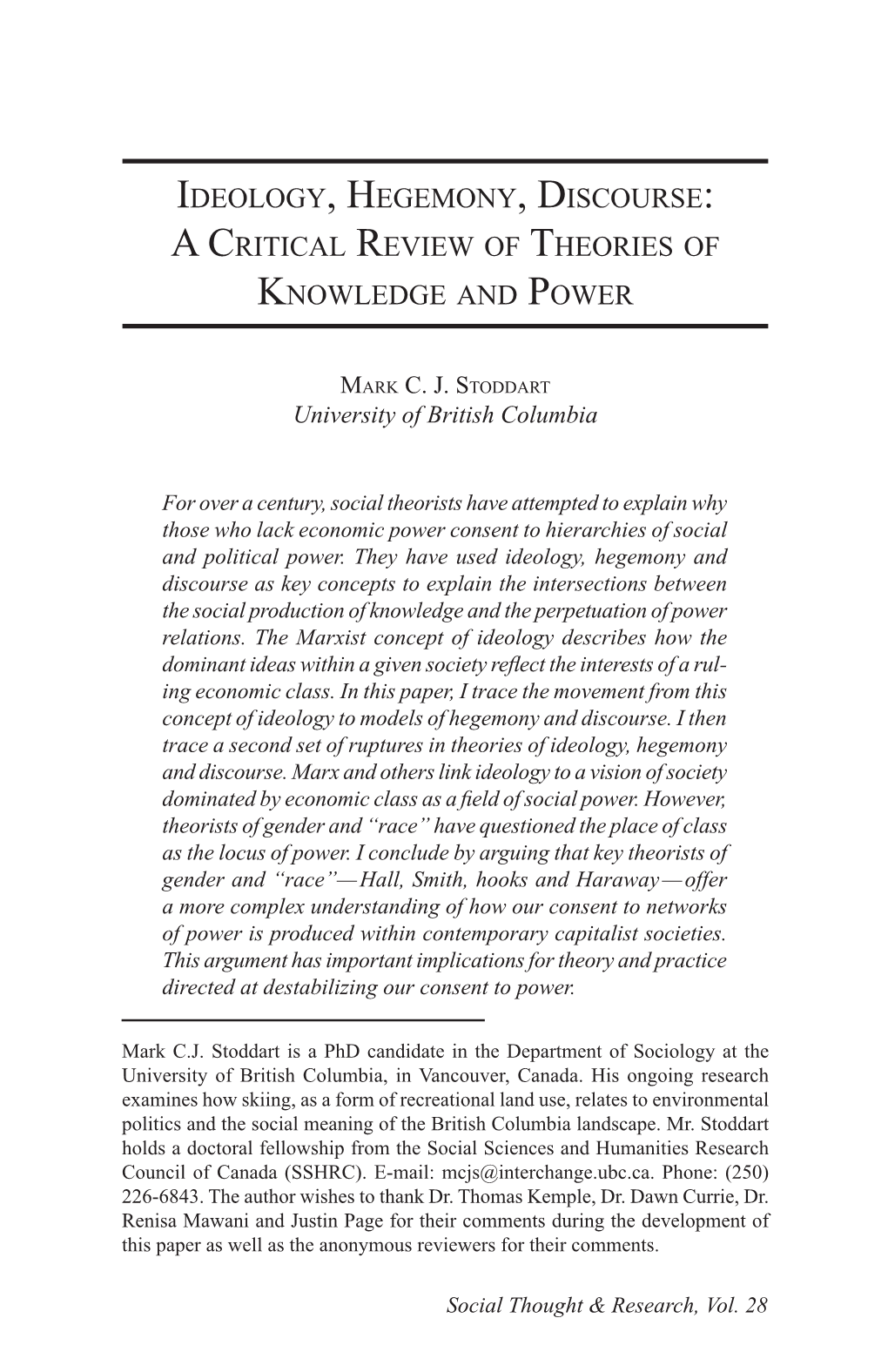 Ideology, Hegemony, Discourse: a Critical Review of Theories of Knowledge and Power