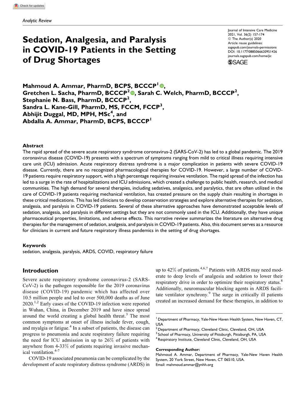 Sedation, Analgesia, and Paralysis in COVID-19 Patients in the Setting Of