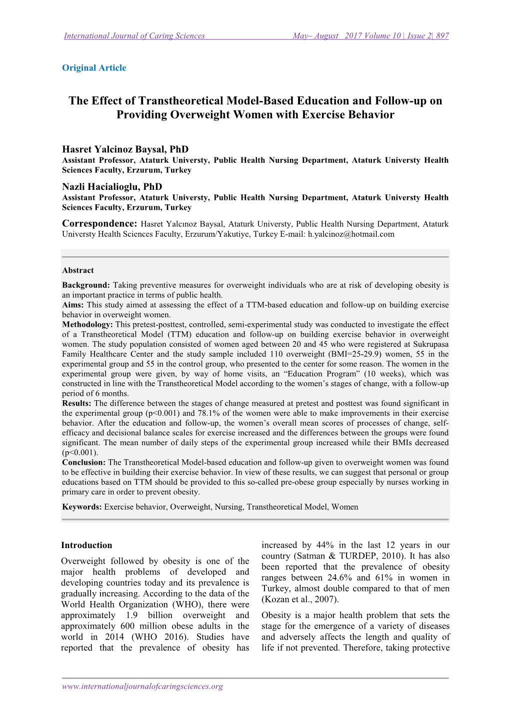 The Effect of Transtheoretical Model-Based Education and Follow-Up on Providing Overweight Women with Exercise Behavior