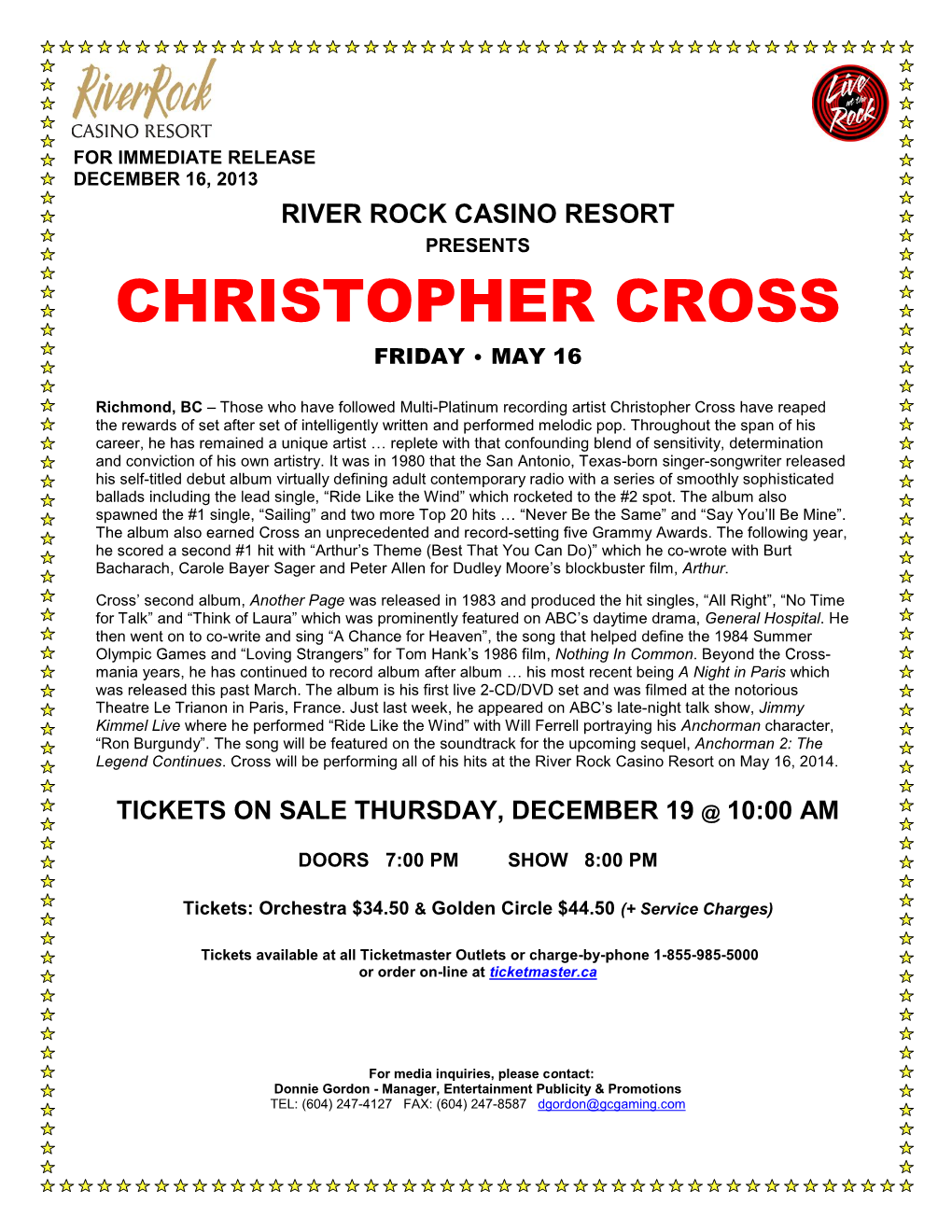 Christopher Cross Friday • May 16