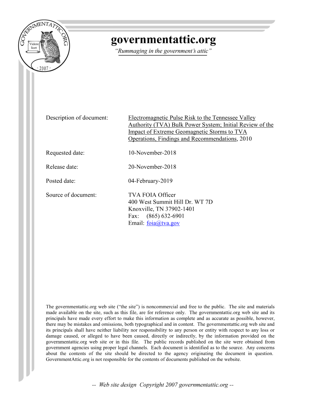 Electromagnetic Pulse Risk to the Tennessee Valley Authority (TVA)