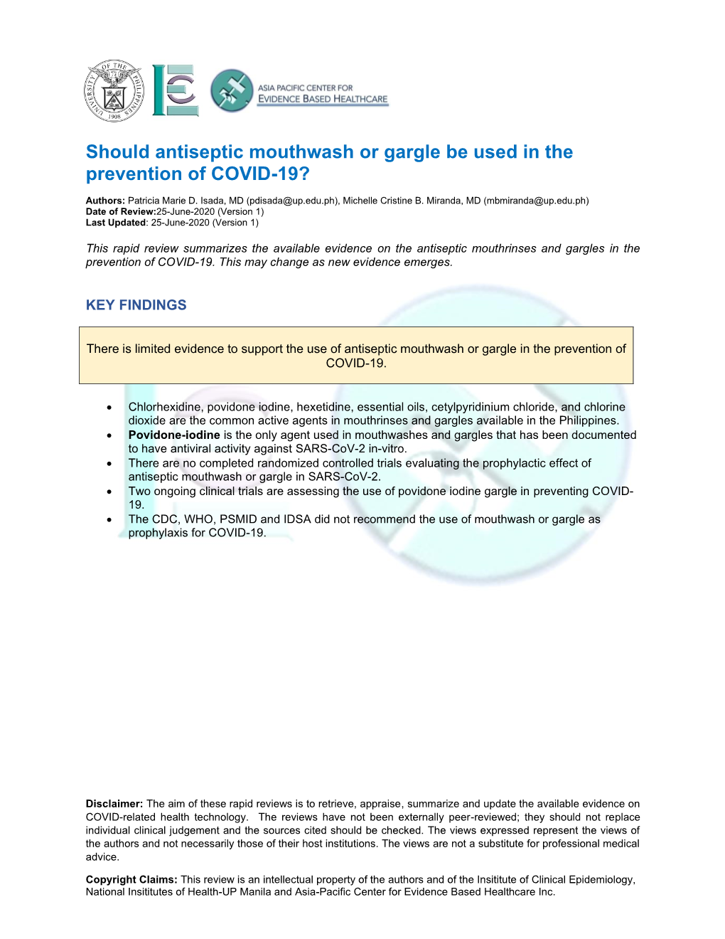 Should Antiseptic Mouthwash Or Gargle Be Used in the Prevention of COVID-19?