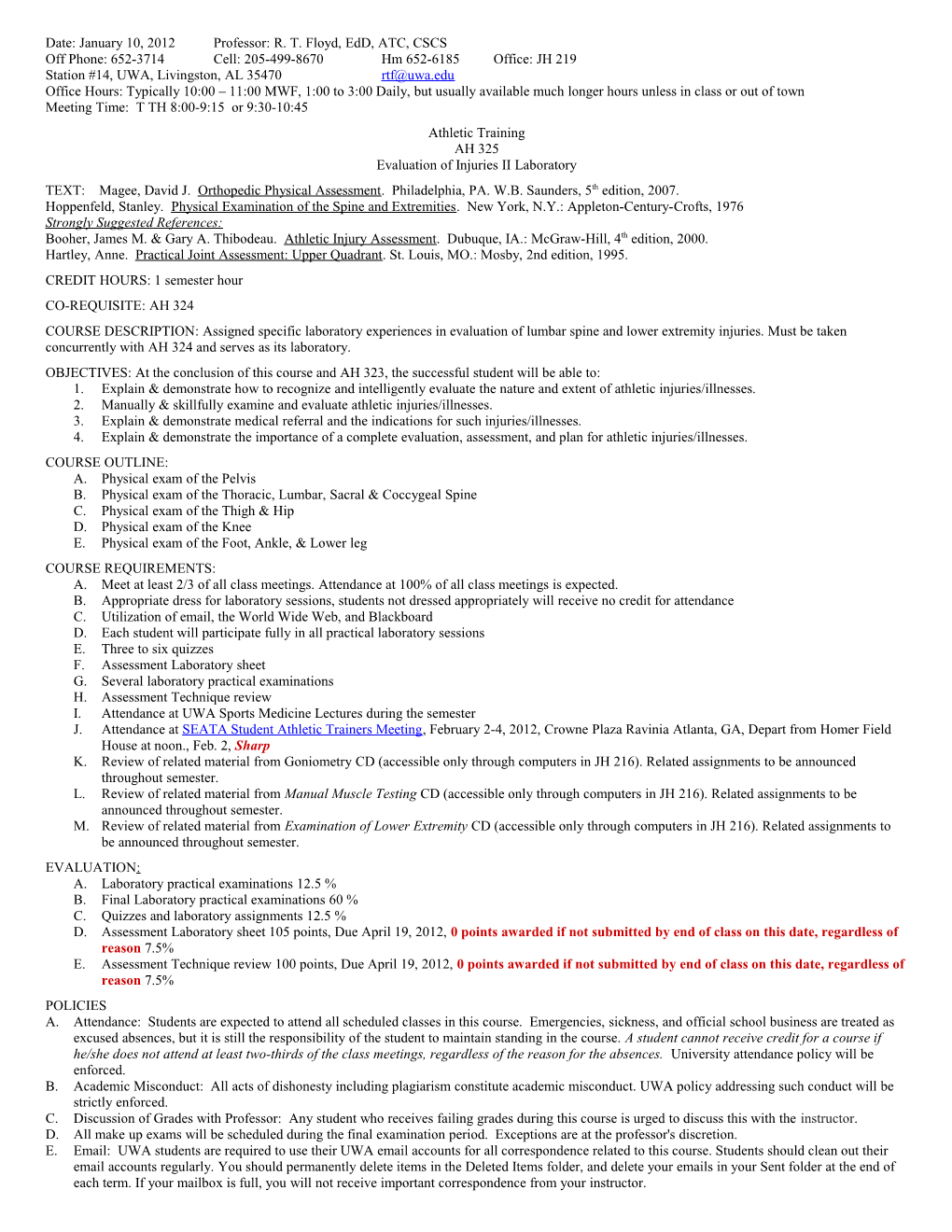 Athletic Training AH 325 Evaluation of Injuries II Laboratory