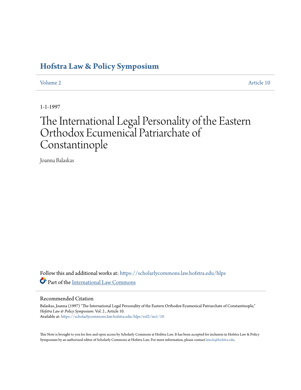 The International Legal Personality of the Eastern Orthodox Ecumenical Patriarchate of Constantinople