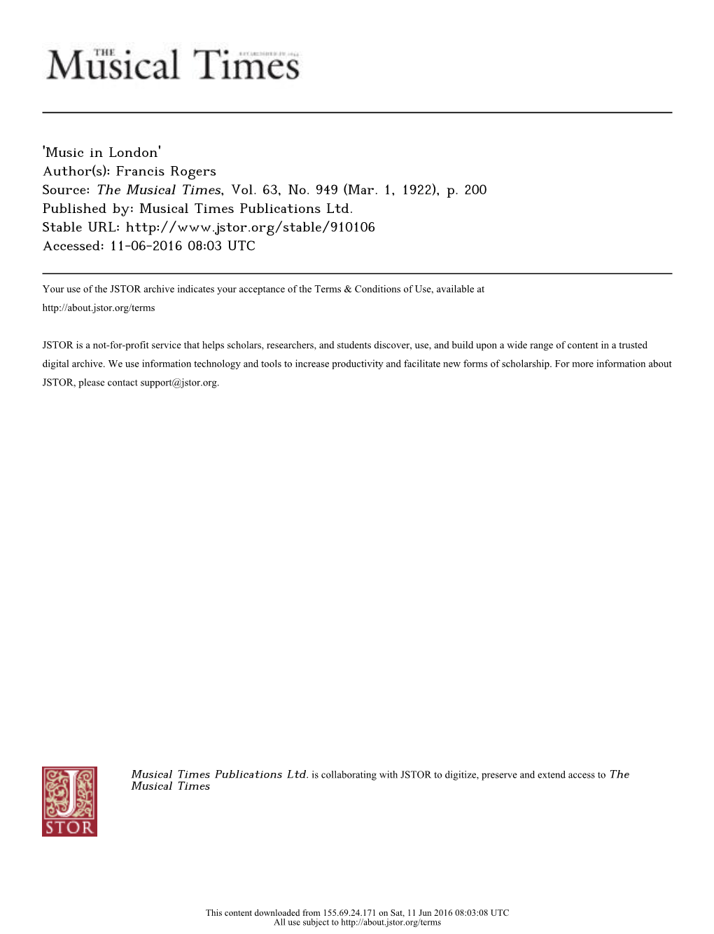 'Music in London' Author(S): Francis Rogers Source: the Musical Times, Vol