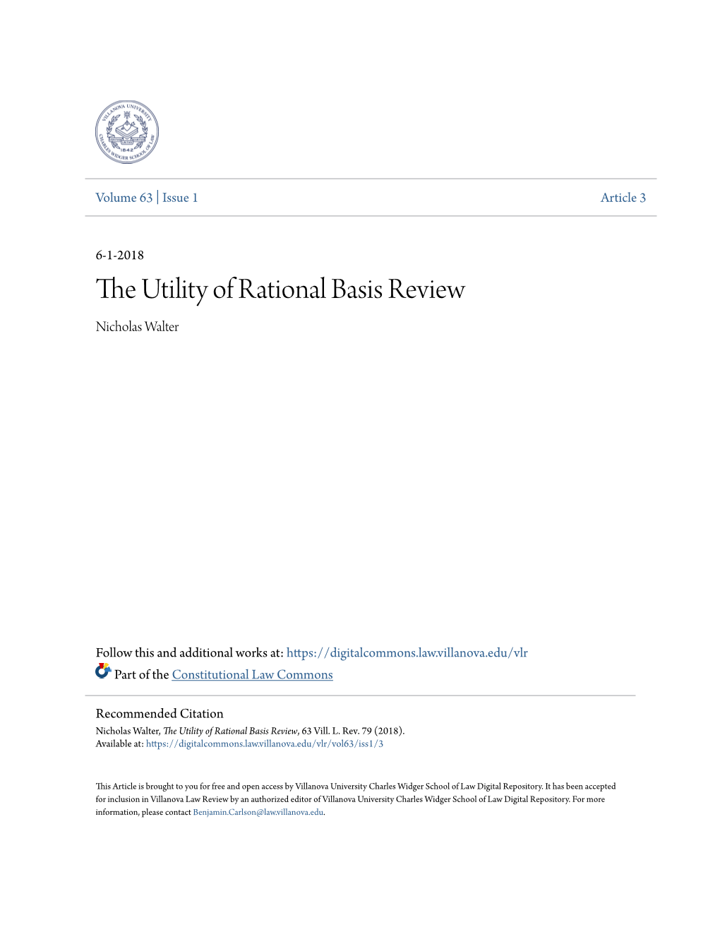 The Utility of Rational Basis Review, 63 Vill