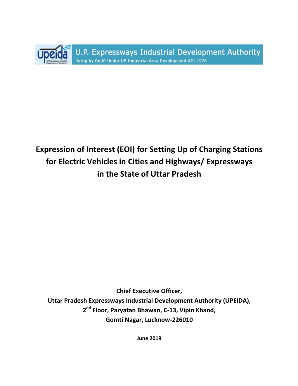 Expression of Interest (EOI) for Setting up of Charging Stations for Electric Vehicles in Cities and Highways/ Expressways in the State of Uttar Pradesh