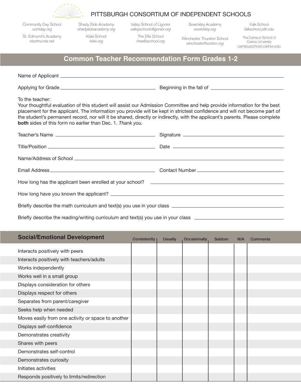 Common Teacher Recommendation Form Grades 1-2