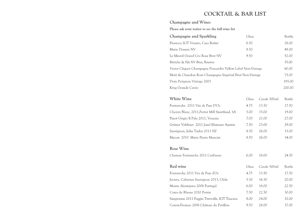 Cocktail & Bar List