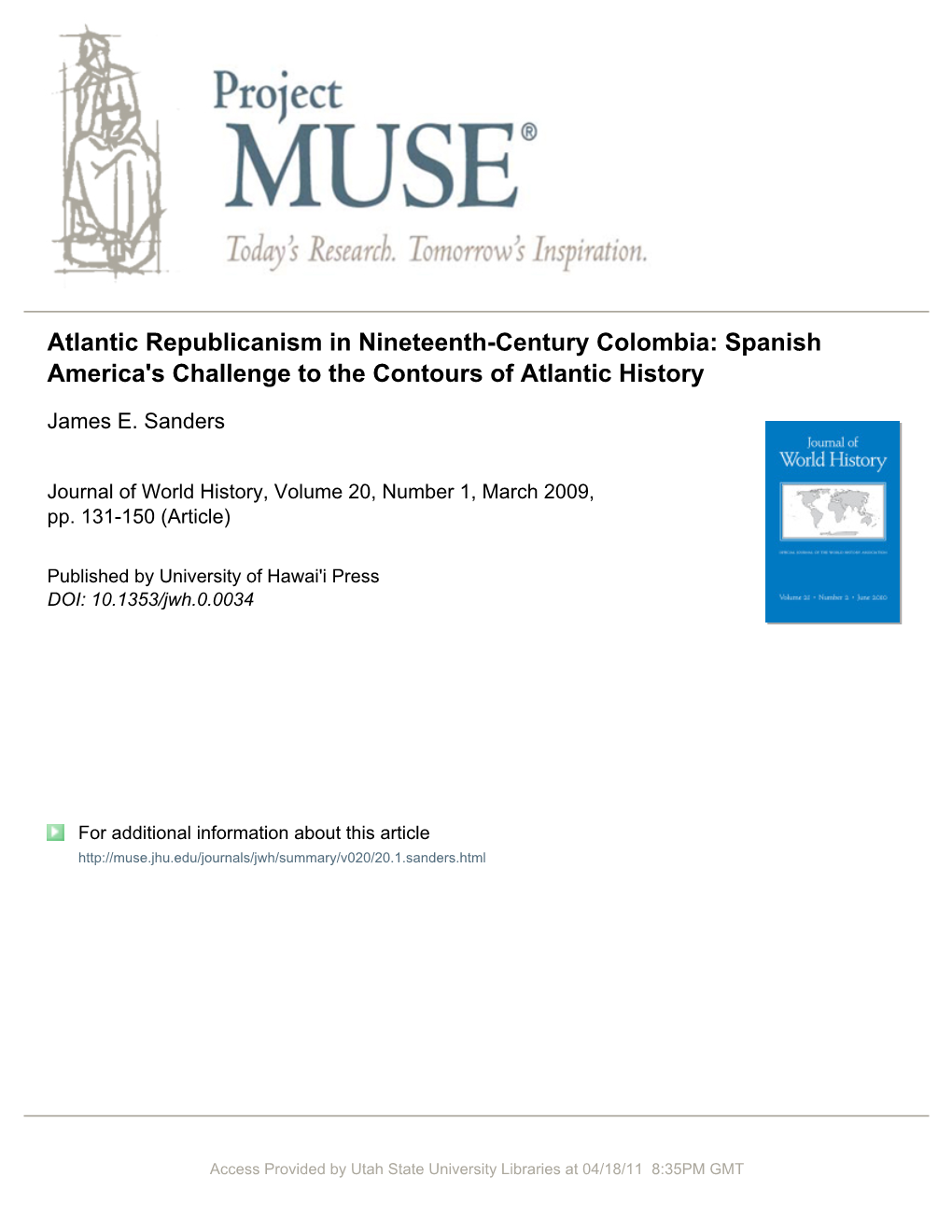 Atlantic Republicanism in Nineteenth-Century Colombia: Spanish America's Challenge to the Contours of Atlantic History