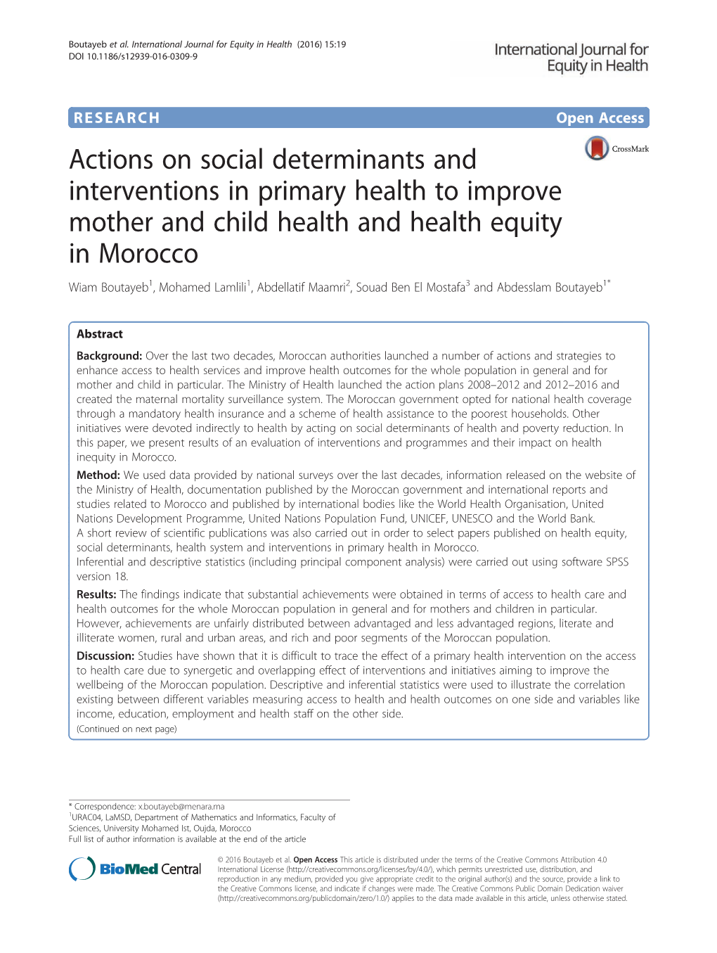 Actions on Social Determinants and Interventions in Primary Health to Improve Mother and Child Health and Health Equity in Moroc