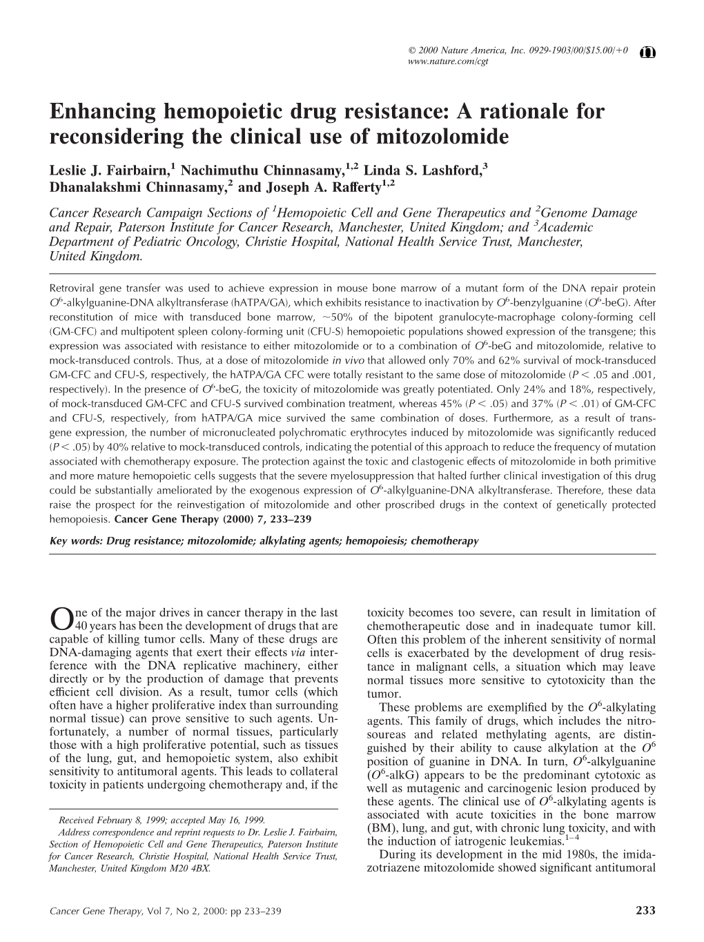 Enhancing Hemopoietic Drug Resistance: a Rationale for Reconsidering the Clinical Use of Mitozolomide