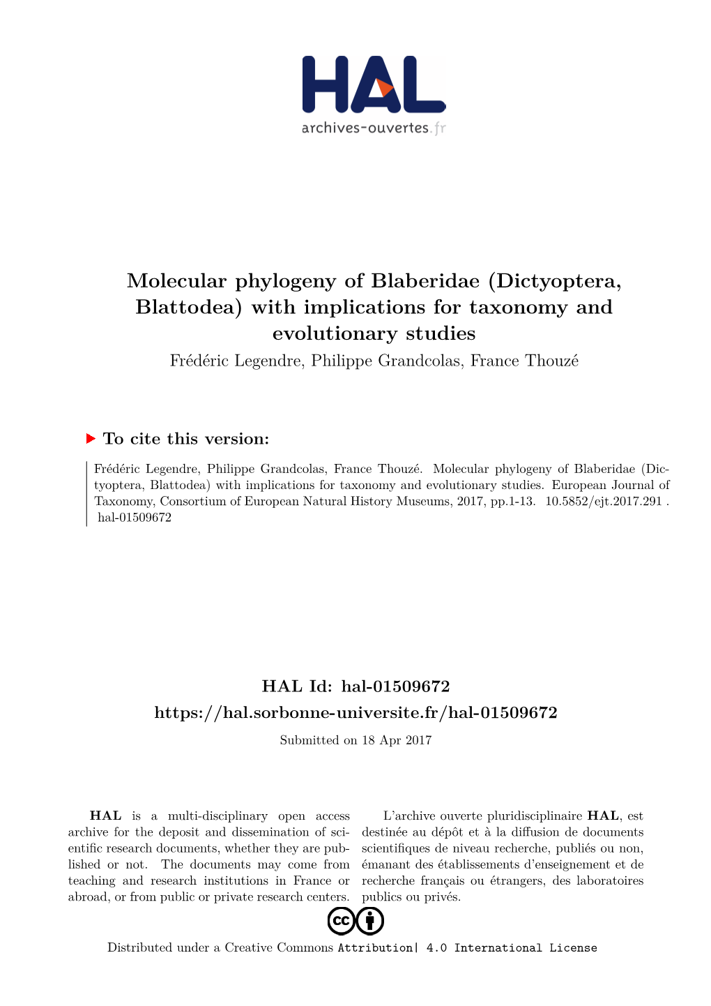 Molecular Phylogeny of Blaberidae