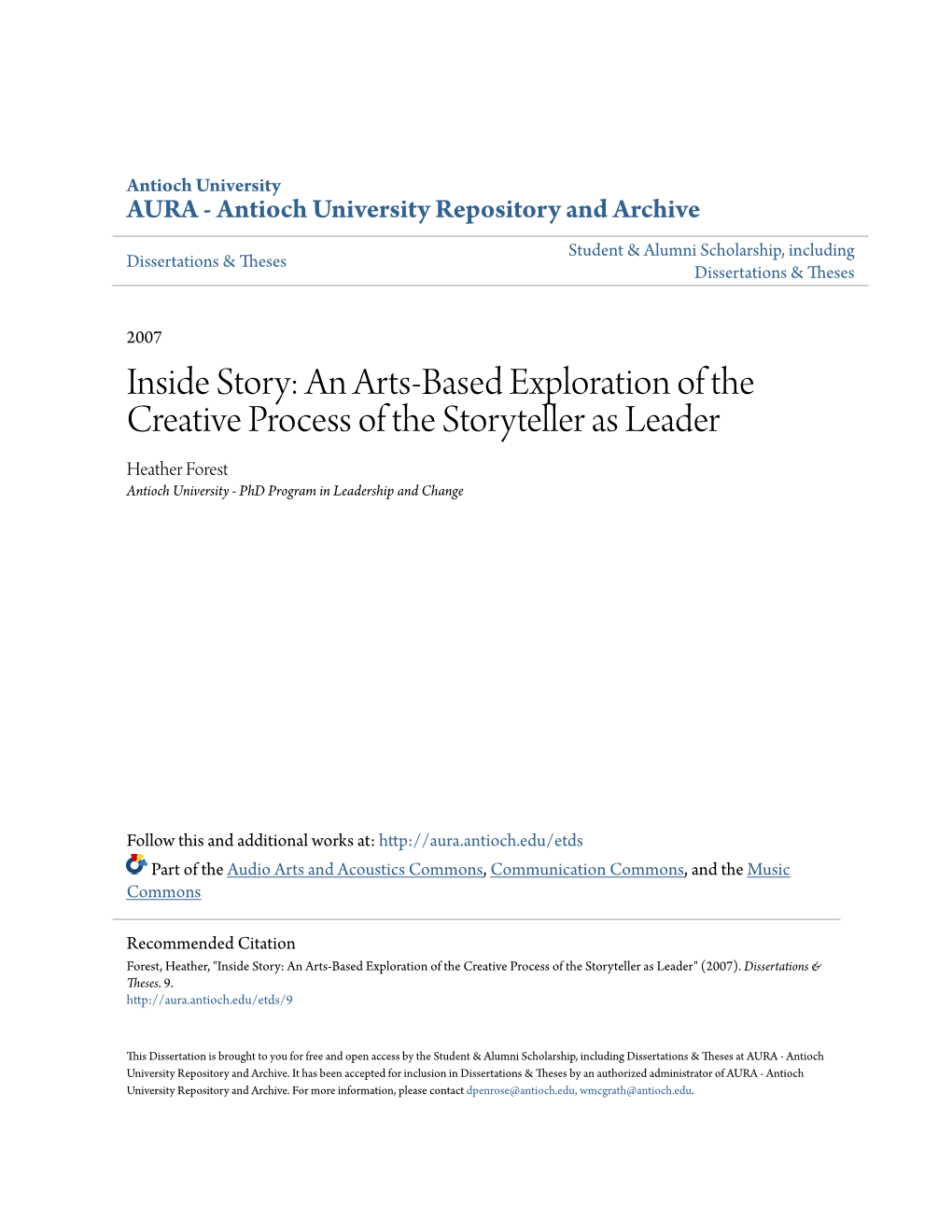 An Arts-Based Exploration of the Creative Process of the Storyteller As Leader Heather Forest Antioch University - Phd Program in Leadership and Change