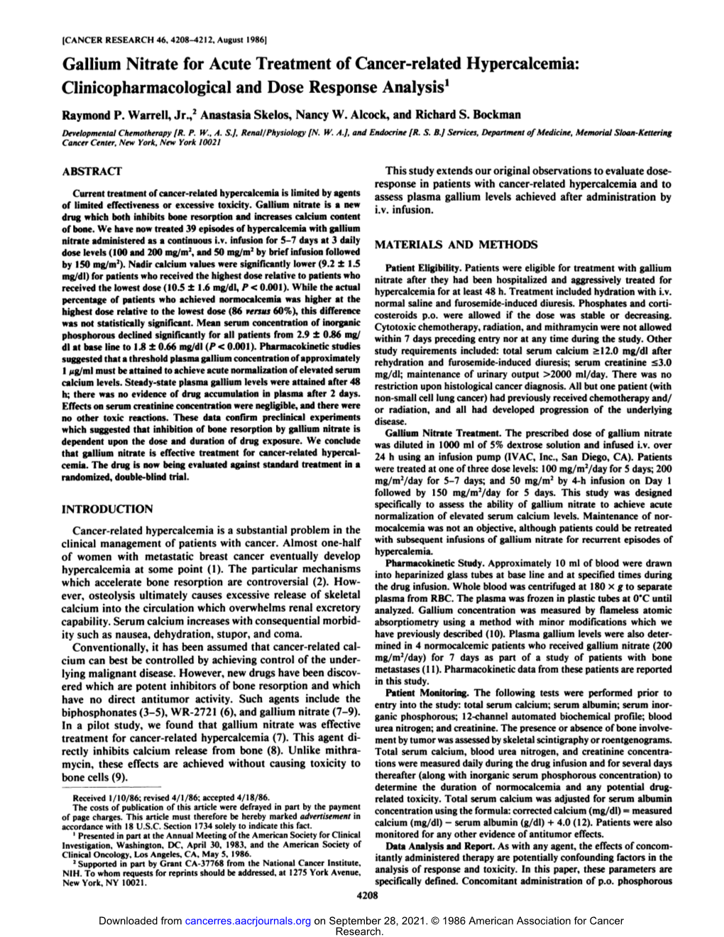 Gallium Nitrate for Acute Treatment of Cancer-Related Hypercalcemia: Clinicopharmacological and Dose Response Analysis1