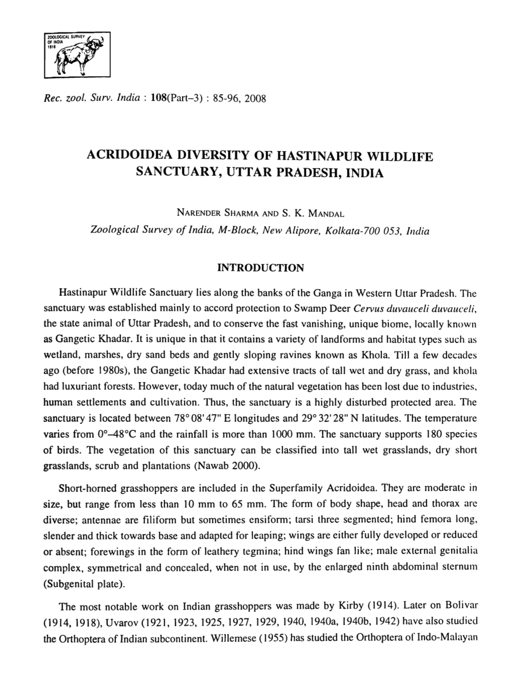 Acridoidea Diversity of Hastinapur Wildlife Sanctuary, Uttar Pradesh, India