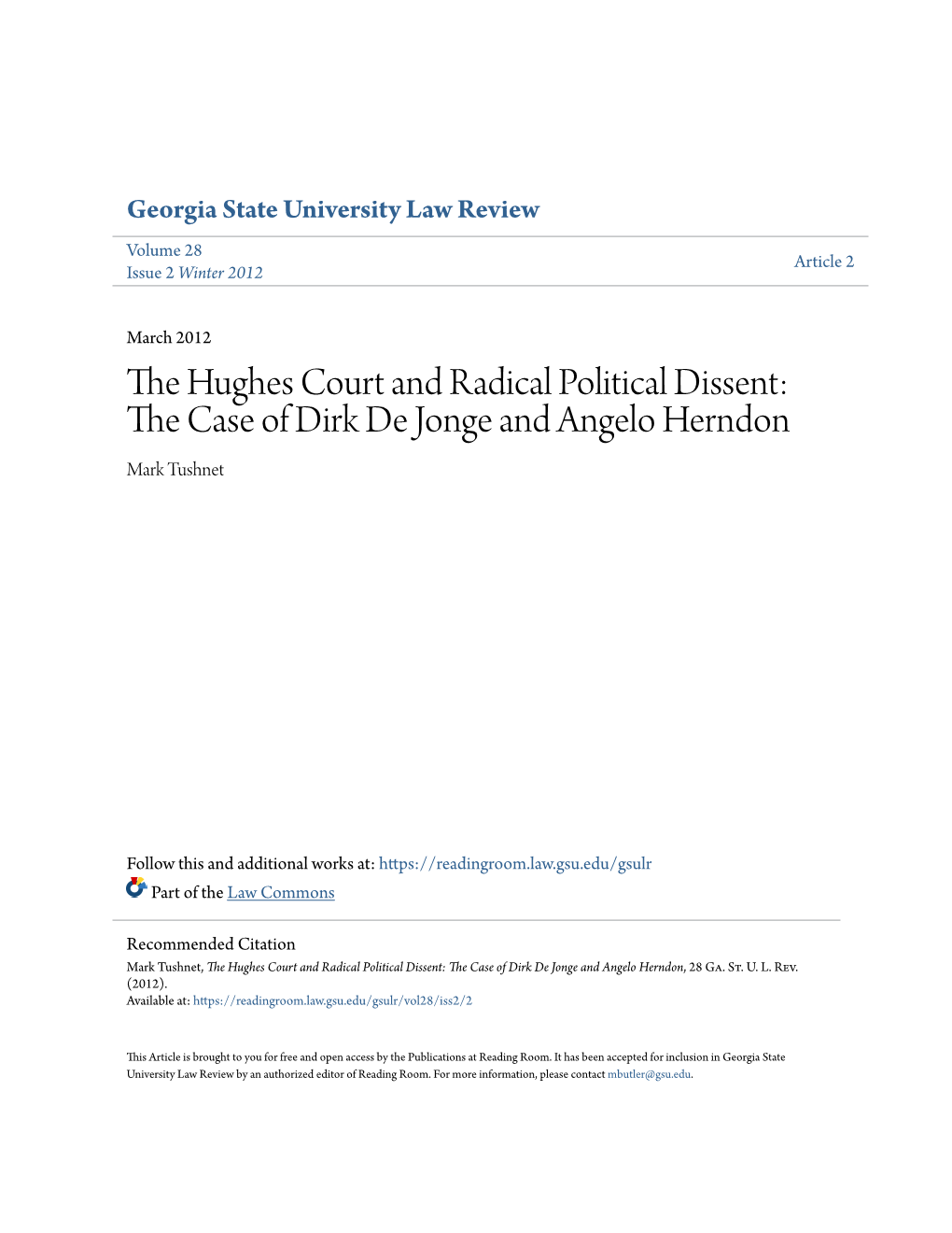 The Hughes Court and Radical Political Dissent: the Case of Dirk De Jonge and Angelo Herndon, 28 Ga