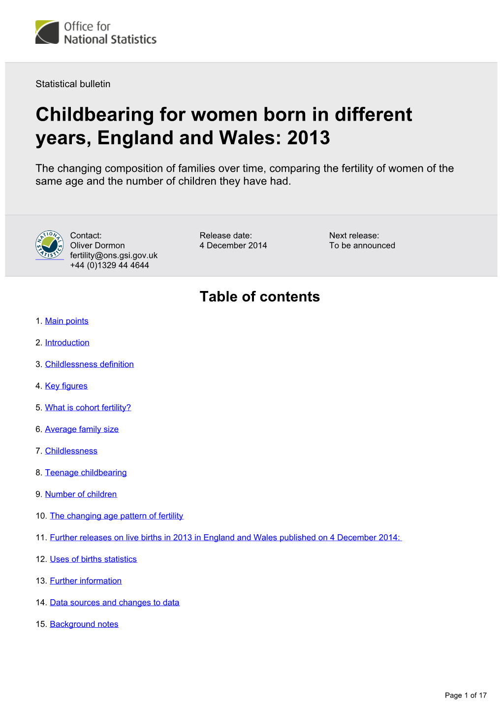 Childbearing for Women Born in Different Years, England and Wales: 2013