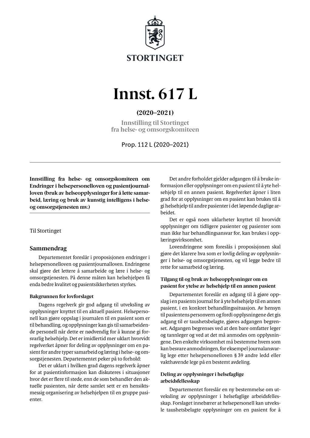 Innst. 617 L (2020–2021) Innstilling Til Stortinget Fra Helse- Og Omsorgskomiteen