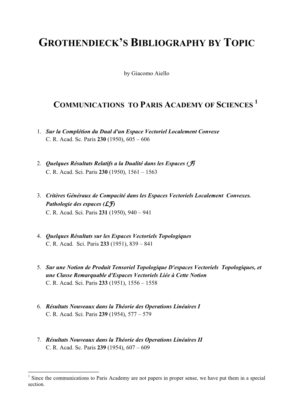 Grothendieck's Bibliography by Topic