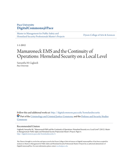 Mamaroneck EMS and the Continuity of Operations: Homeland Security on a Local Level Samantha M