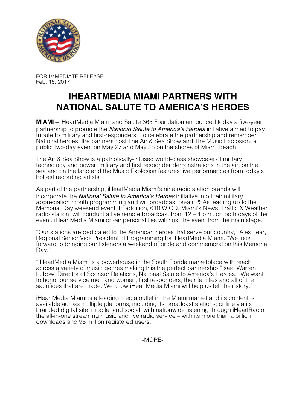 Iheartmedia Miami Partners with National Salute to America’S Heroes