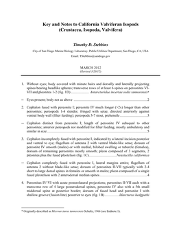 Key and Notes to California Valviferan Isopods (Crustacea, Isopoda, Valvifera)