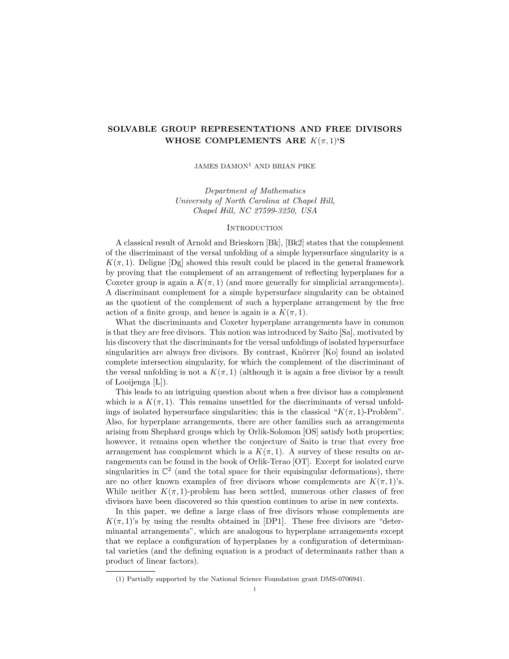 Solvable Group Representations and Free Divisors Whose Complements Are K(Π, 1)‘S