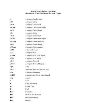 To Abbreviations Used in the Guide to the Ernest Hemingway Personal Papers