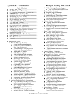 Appendix 1: Taxonomic List, Michigan Breeding Bird Atlas II