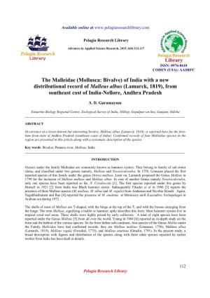 Of India with a New Distributional Record of Malleus Albus (Lamarck, 1819), from Southeast Cost of India-Nellore, Andhra Pradesh