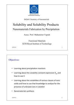 IM2665 Chemistry of Nanomaterials Solubility and Solubility Products Nanomaterials Fabrication by Precipitation