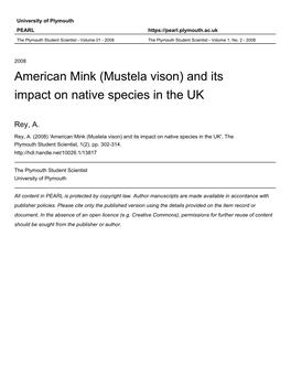 American Mink (Mustela Vison) and Its Impact on Native Species in the UK