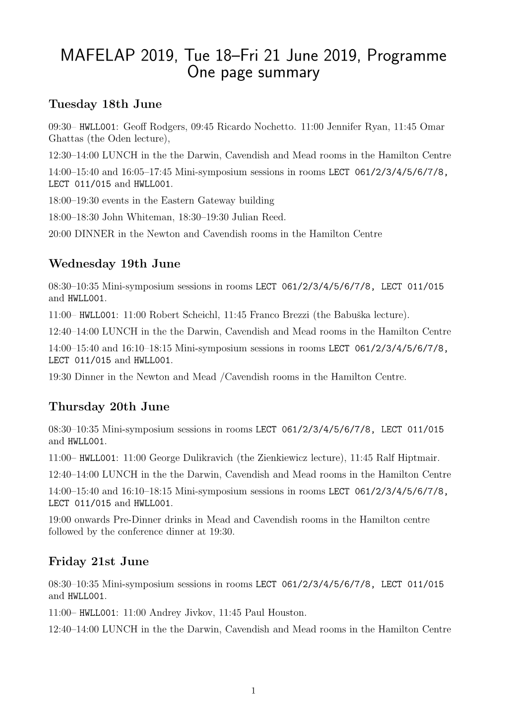 MAFELAP 2019, Tue 18–Fri 21 June 2019, Programme One Page Summary