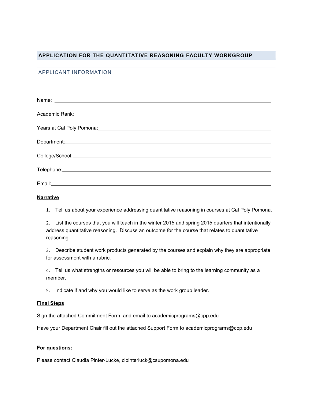 Application for the Quantitative Reasoning FACULTY WORKGROUP